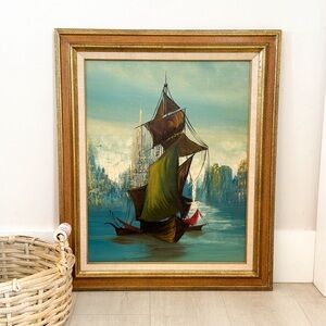Original vintage oil painting of sailboat